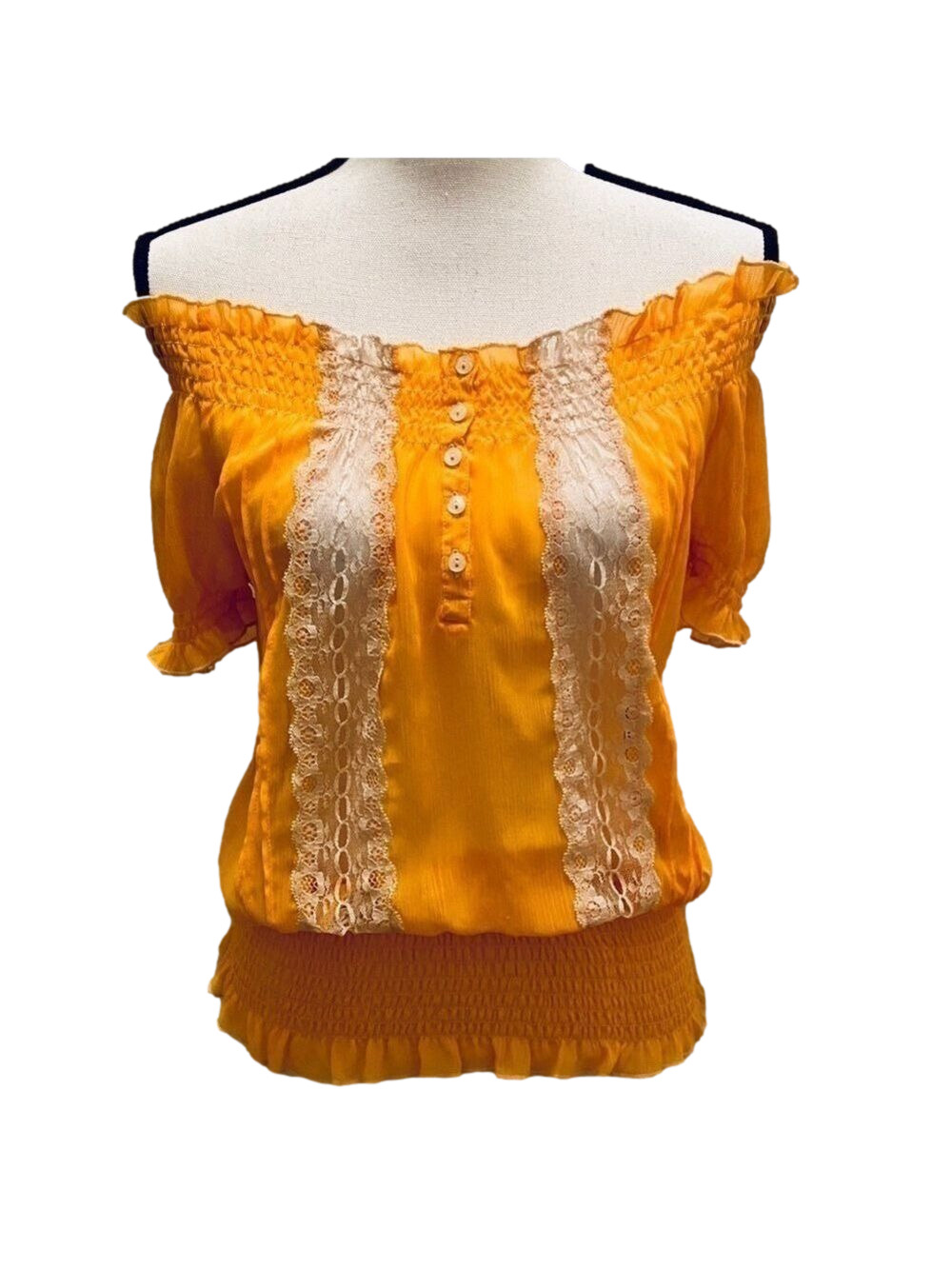 Arden B Golden Vintage Y2K Honey Yellow Boho Blouse with Lace